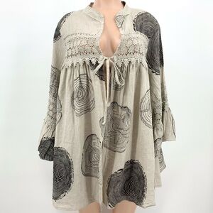 Belle France 100% Linen Open Front Artsy Print Tunic Top Size Small